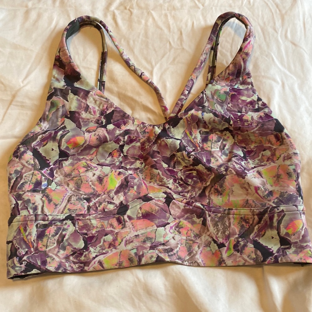Lululemon sports bra. Open back. Long line. Geometric design. Size 6.
